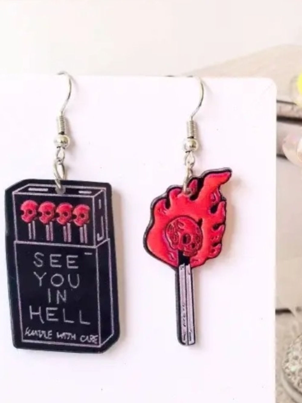 Black & Red Novelty Matchbox and Flaming Match Earrings